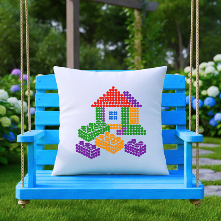Domeček ze stavebnice z teček - den tečky - polštář s potiskem - inspirováno kostkami LEGO