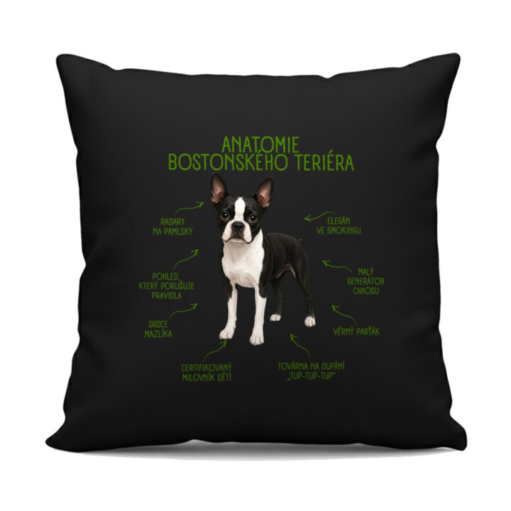 Anatomie bostonského teriéra - černý polštář s potiskem