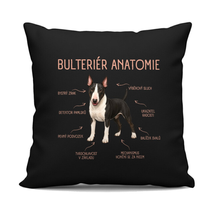 Anatomie bulteriéra - černý polštář s potiskem