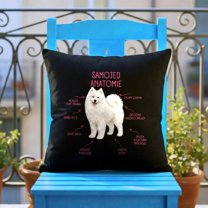 Anatomie samojeda - černý polštář s potiskem
