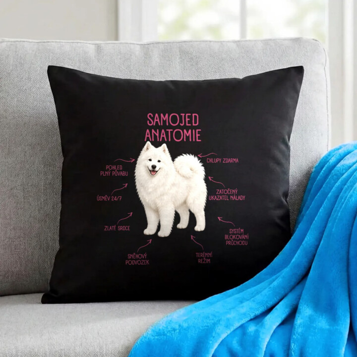 Anatomie samojeda - černý polštář s potiskem