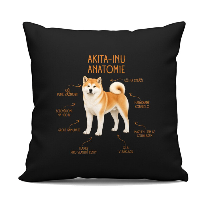 Anatomie akita-inu - černý polštář s potiskem