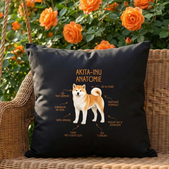Anatomie akita-inu - černý polštář s potiskem