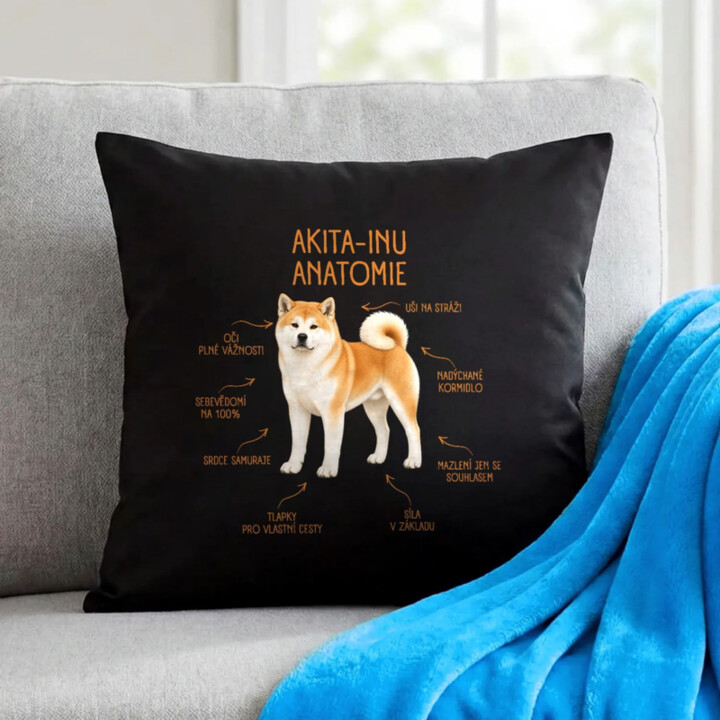Anatomie akita-inu - černý polštář s potiskem