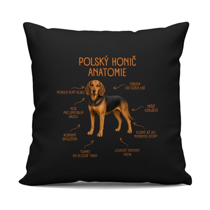 Anatomie polského honiče - černý polštář s potiskem