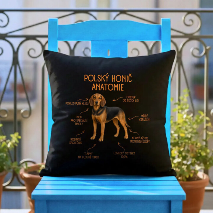 Anatomie polského honiče - černý polštář s potiskem