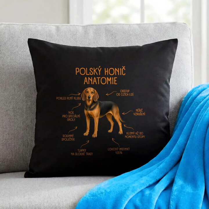 Anatomie polského honiče - černý polštář s potiskem