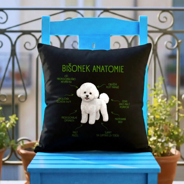 Anatomie bišonka - černý polštář s potiskem