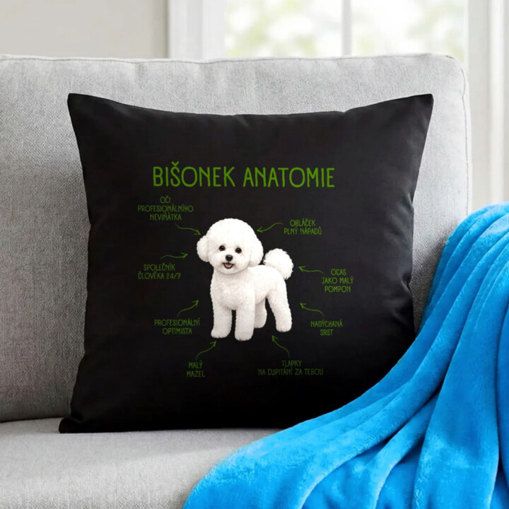 Anatomie bišonka - černý polštář s potiskem