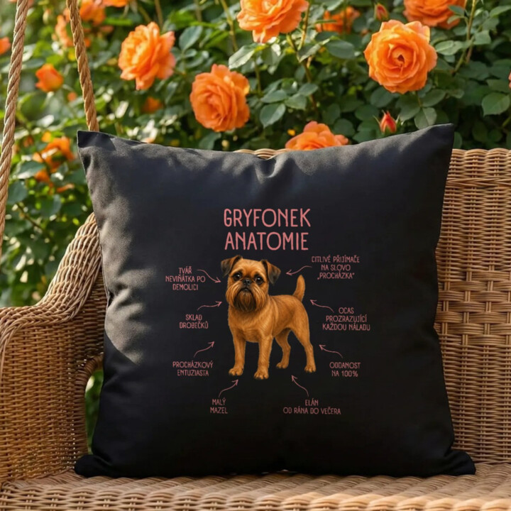 Anatomie gryfonka - černý polštář s potiskem