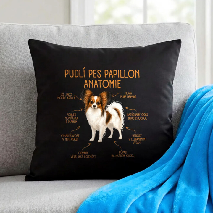 Anatomie papillona - černý polštář s potiskem