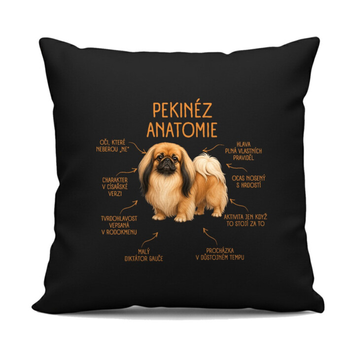 Anatomie pekinéze - černý polštář s potiskem