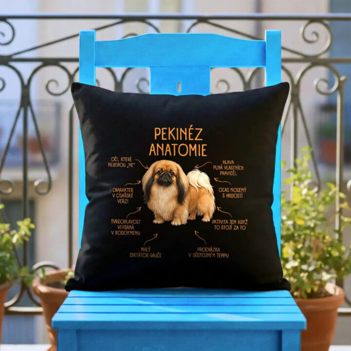 Anatomie pekinéze - černý polštář s potiskem
