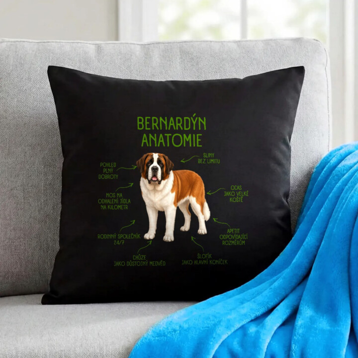 Anatomie bernardýna - černý polštář s potiskem