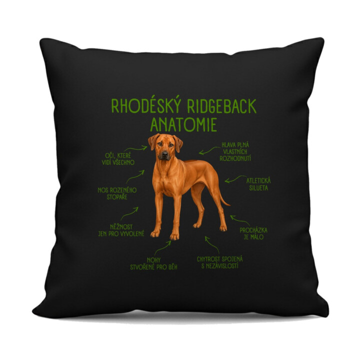 Anatomie rhodéského ridgebacka - černý polštář s potiskem