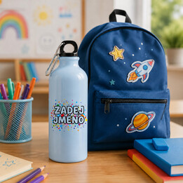 Jméno z teček - den tečky - modrá láhev na pití jako dárek - personalizovaný produkt