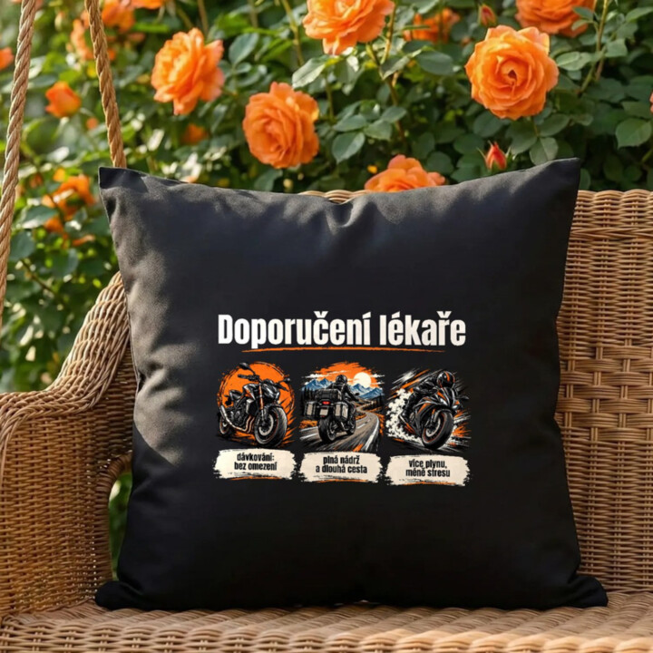 Doporučení lékaře pro motorkáře - černý polštář s potiskem