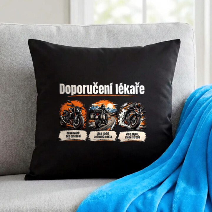 Doporučení lékaře pro motorkáře - černý polštář s potiskem