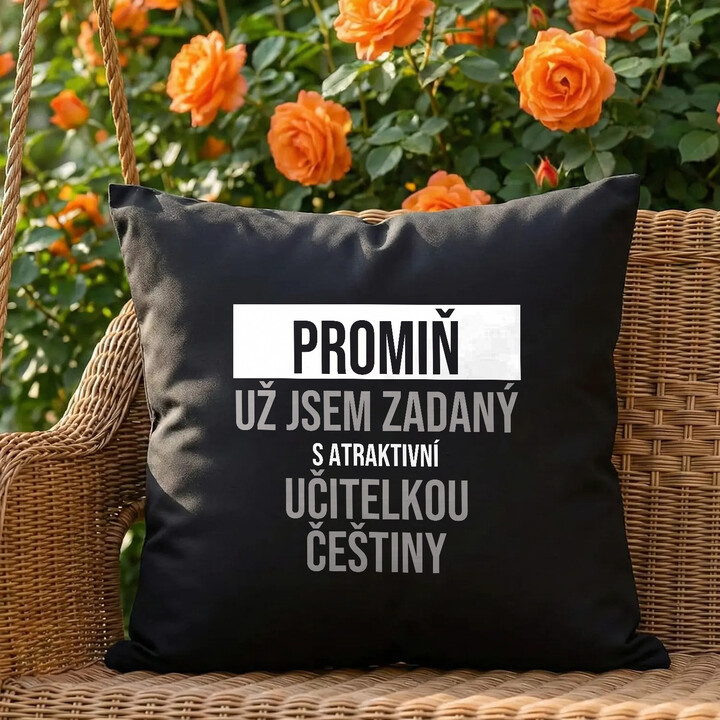 Promiň, už jsem zadaný s atraktivní učitelkou češtiny - černý polštář s potiskem