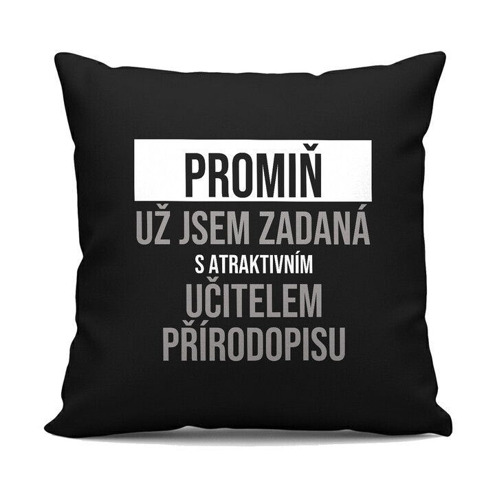 Promiň, už jsem zadaná s atraktivním učitelem přírodopisu - černý polštář s potiskem
