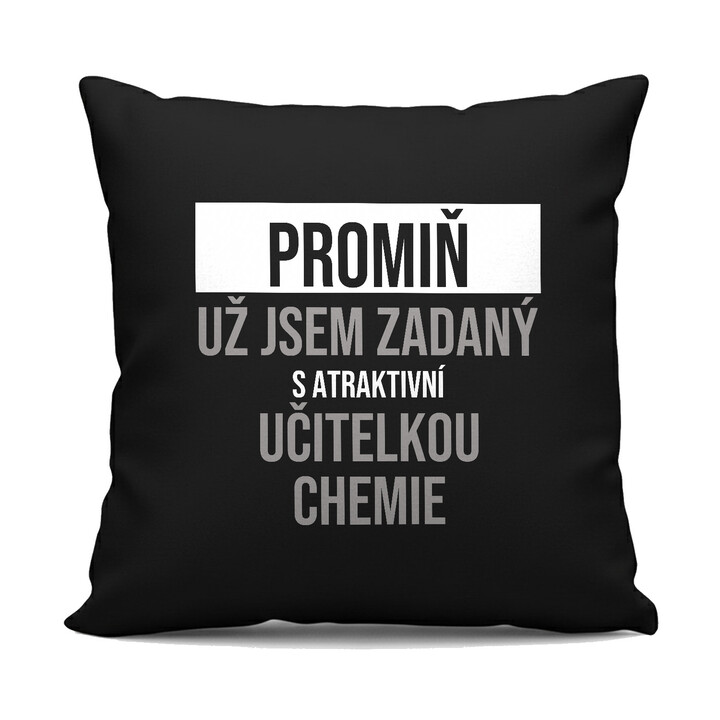 Promiň, už jsem zadaný s atraktivní učitelkou chemie - černý polštář s potiskem