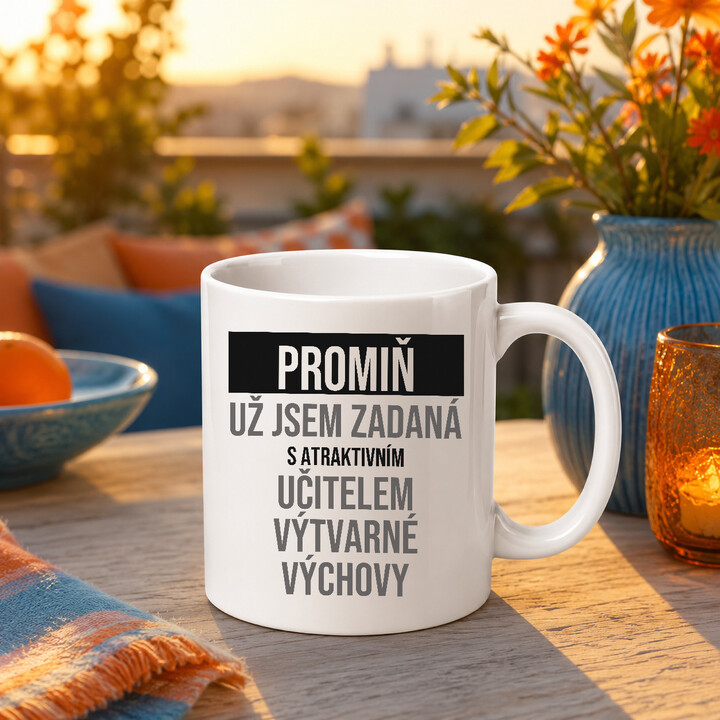 Promiň, už jsem zadaná s atraktivním učitelem výtvarné výchovy - hrnek s potiskem