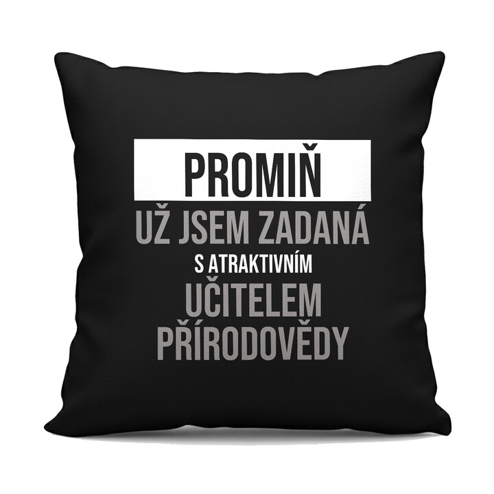Promiň, už jsem zadaná s atraktivním učitelem přírodovědy - černý polštář s potiskem