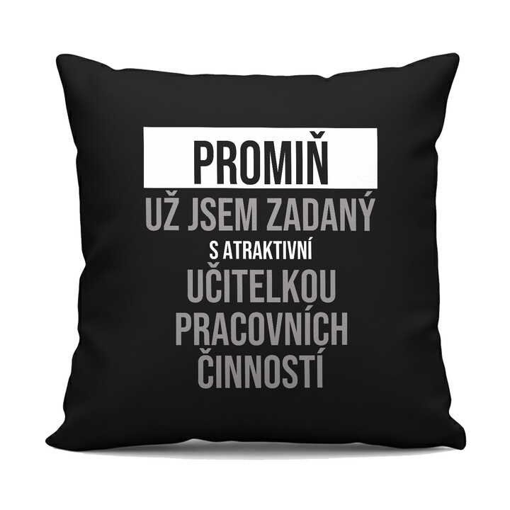 Promiň, už jsem zadaný s atraktivní učitelkou pracovních činností - černý polštář s potiskem