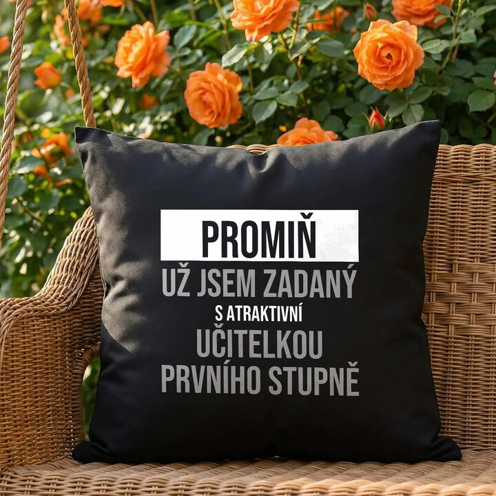 Promiň, už jsem zadaný s atraktivní učitelkou prvního stupně - černý polštář s potiskem