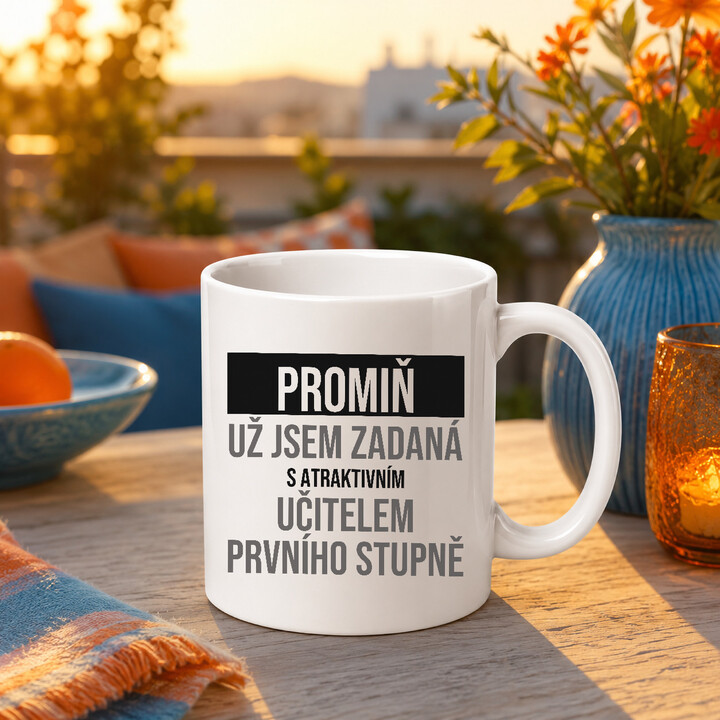 Promiň, už jsem zadaná s atraktivním učitelem prvního stupně - hrnek s potiskem