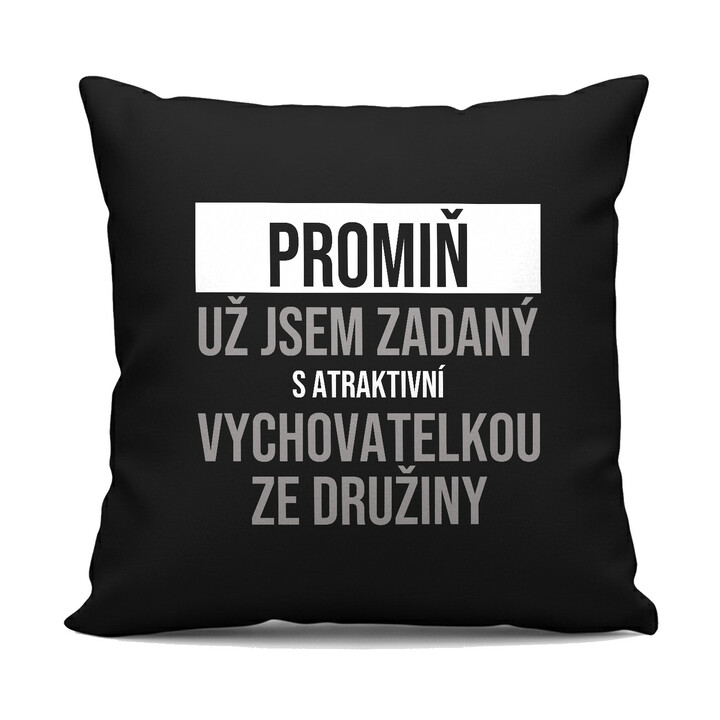Promiň, už jsem zadaný s atraktivní vychovatelkou ze družiny - černý polštář s potiskem