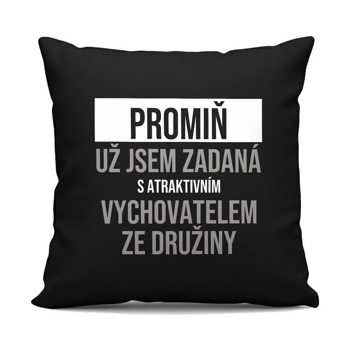 Promiň, už jsem zadaná s atraktivním vychovatelem ze družiny - černý polštář s potiskem