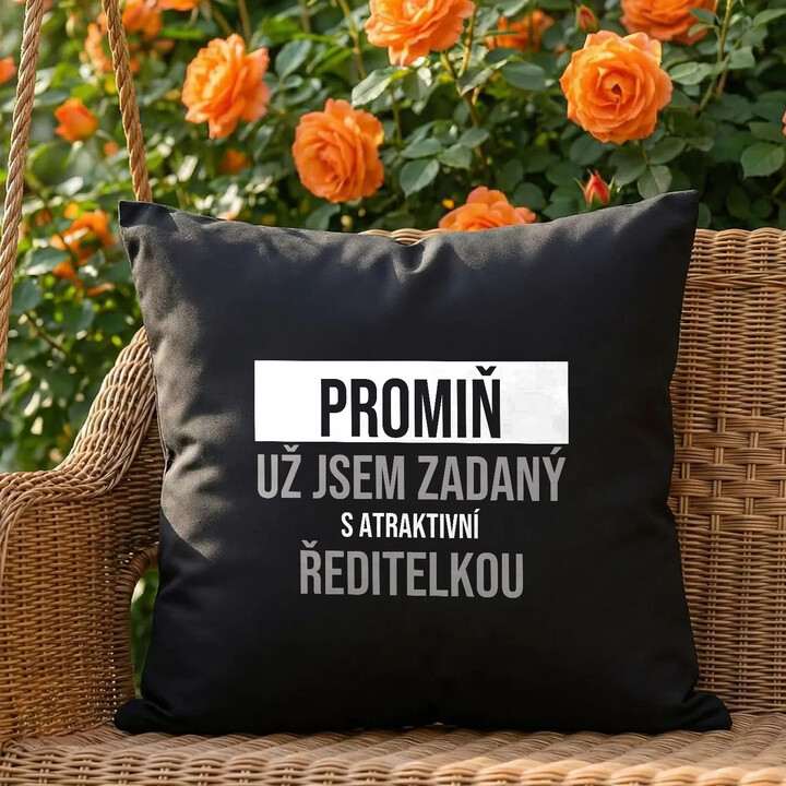 Promiň, už jsem zadaný s atraktivní ředitelkou - černý polštář s potiskem