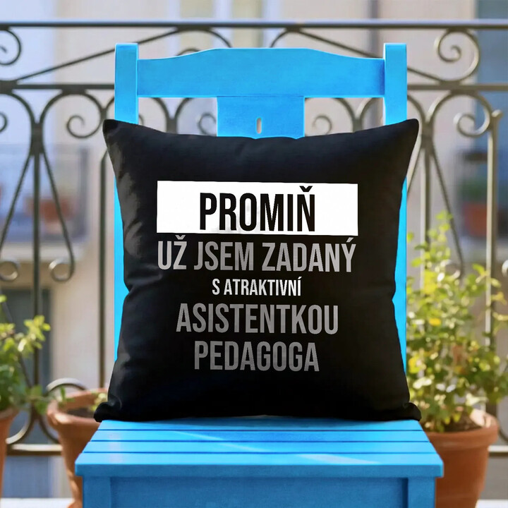 Promiň, už jsem zadaný s atraktivní asistentkou pedagoga - černý polštář s potiskem
