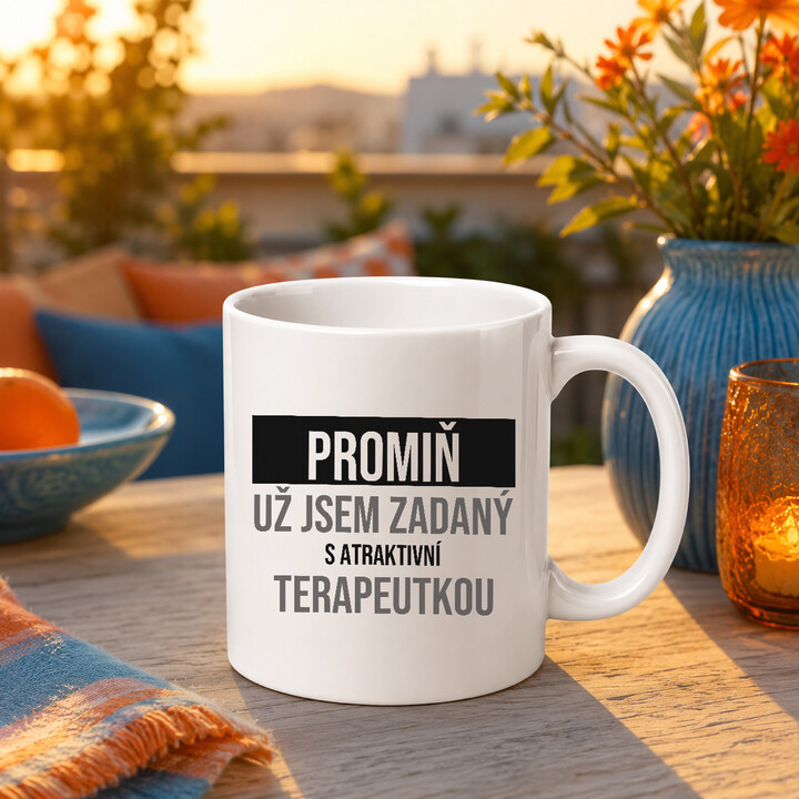 Promiň, už jsem zadaný s atraktivní terapeutkou - hrnek s potiskem