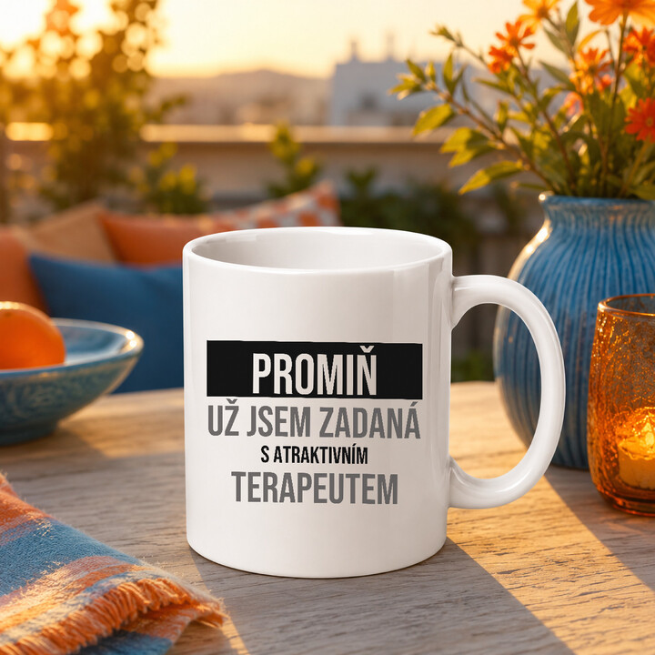 Promiň, už jsem zadaná s atraktivním terapeutem - hrnek s potiskem