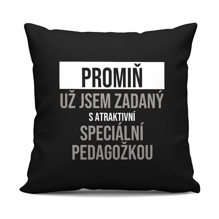 Promiň, už jsem zadaný s atraktivní speciální pedagožkou - černý polštář s potiskem