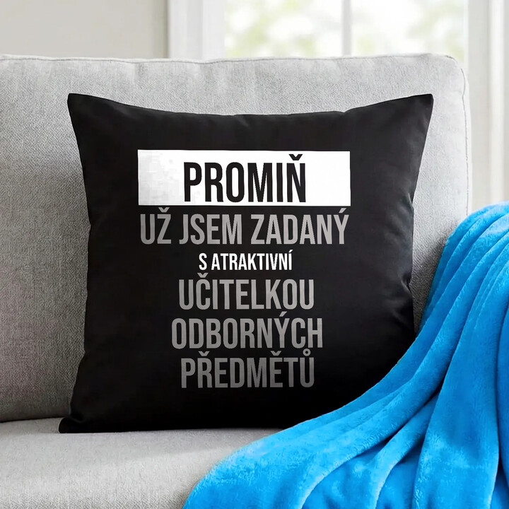 Promiň, už jsem zadaný s atraktivní učitelkou odborných předmětů - černý polštář s potiskem