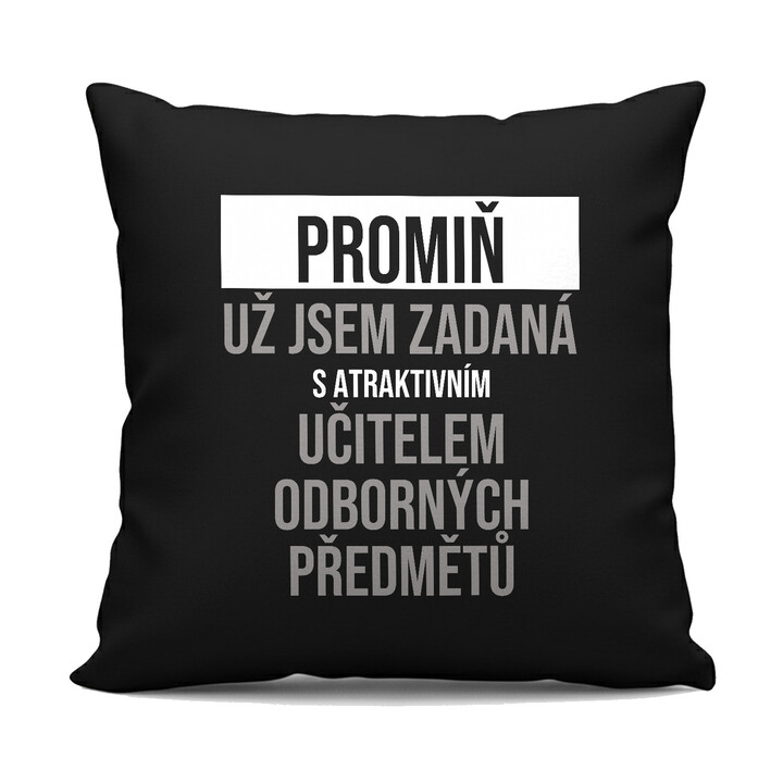 Promiň, už jsem zadaná s atraktivním učitelem odborných předmětů - černý polštář s potiskem