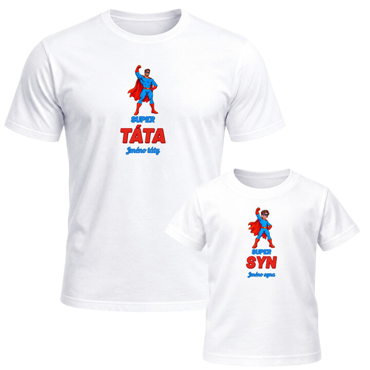 Set pro tátu a syna - Super táta a Super syn se jmény - trička s potiskem - personalizovaný produkt