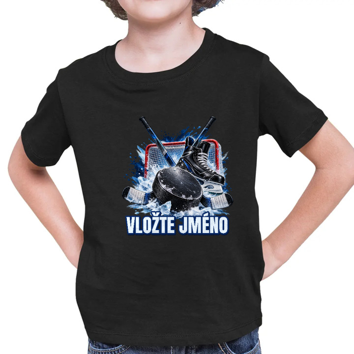 Hokej (jméno) - puk, hokejky a brusle - dětské tričko s potiskem - personalizovaný produkt
