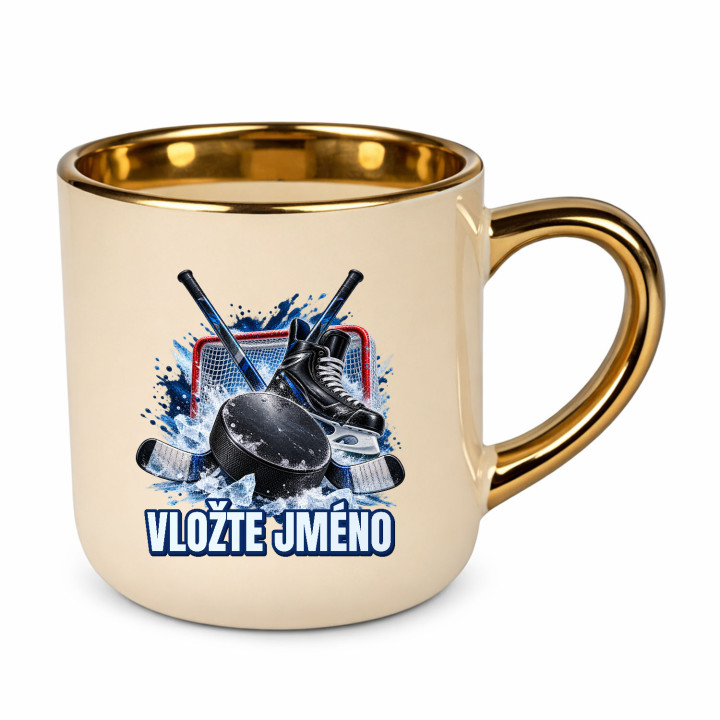 Hokej (jméno) - puk, hokejky a brusle - elegantní hrnek na dárek - personalizovaný produkt
