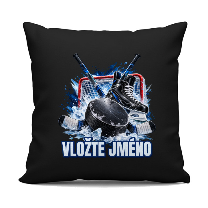 Hokej (jméno) - puk, hokejky a brusle - černý polštář s potiskem - personalizovaný produkt
