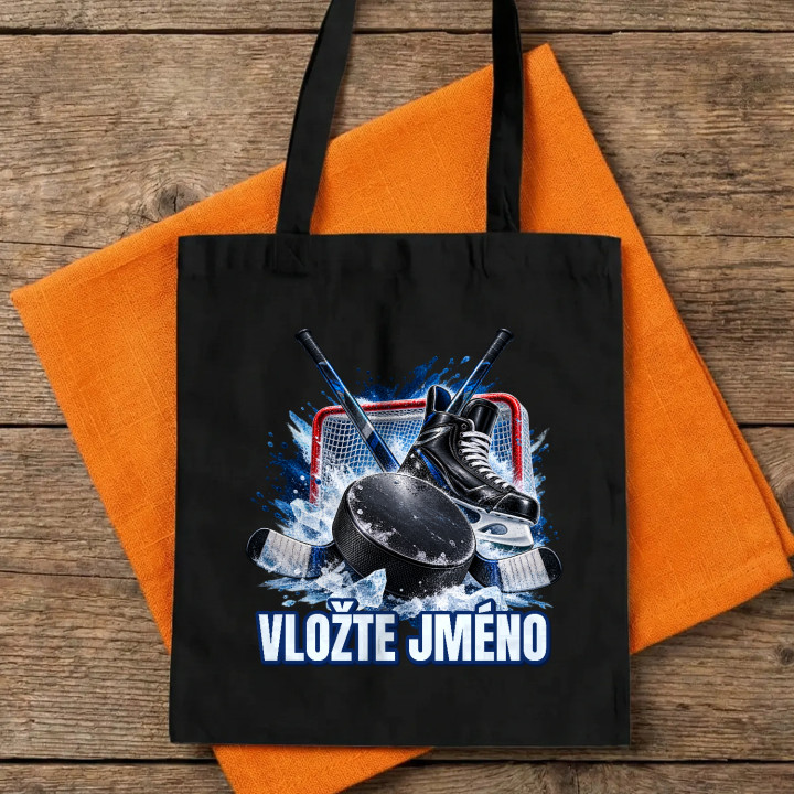 Hokej (jméno) - puk, hokejky a brusle - taška s potiskem - personalizovaný produkt
