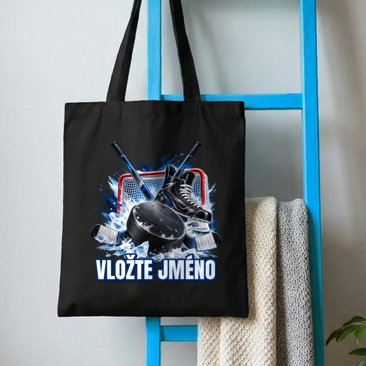 Hokej (jméno) - puk, hokejky a brusle - taška s potiskem - personalizovaný produkt