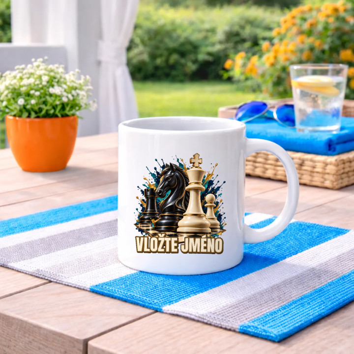 Šachy (jméno) - jezdec, král a pěšec - hrnek s potiskem - personalizovaný produkt
