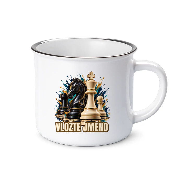 Šachy (jméno) - jezdec, král a pěšec - smaltovaný hrnek s potiskem - personalizovaný produkt