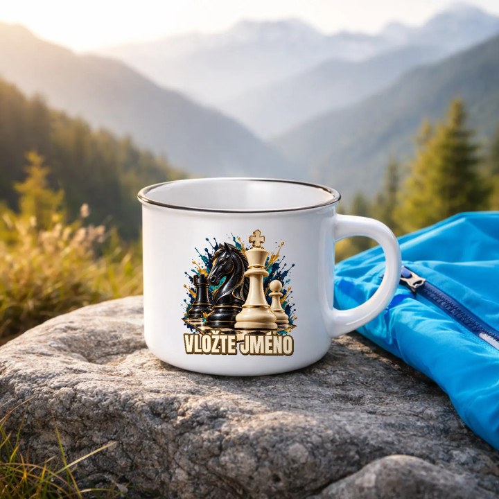 Šachy (jméno) - jezdec, král a pěšec - smaltovaný hrnek s potiskem - personalizovaný produkt