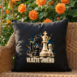 Šachy (jméno) - jezdec, král a pěšec - černý polštář s potiskem - personalizovaný produkt