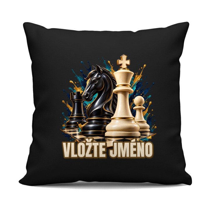Šachy (jméno) - jezdec, král a pěšec - černý polštář s potiskem - personalizovaný produkt